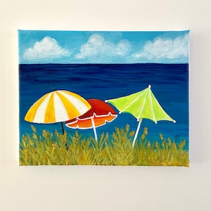 Beach Umbrellas painting, 10&quot;x8” acrylic canvas wall art, whimsical coastal beach decor for home, office or nursery