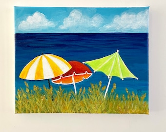 Beach Umbrellas painting, 10"x8” acrylic canvas wall art, whimsical coastal beach decor for home, office or nursery