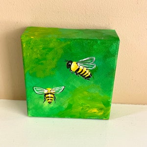 Honey bees on green, 4x4 inch acrylic canvas mini painting of a bee, art for bee lovers image 1