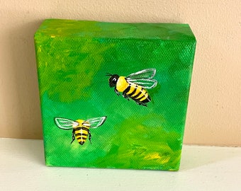 Honey bees on green, 4x4 inch acrylic canvas mini painting of a bee, art for bee lovers