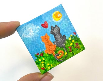 Love Cats mini art, miniature cat painting magnet, acrylic canvas art magnet for home or office, orange and gray tiger cats