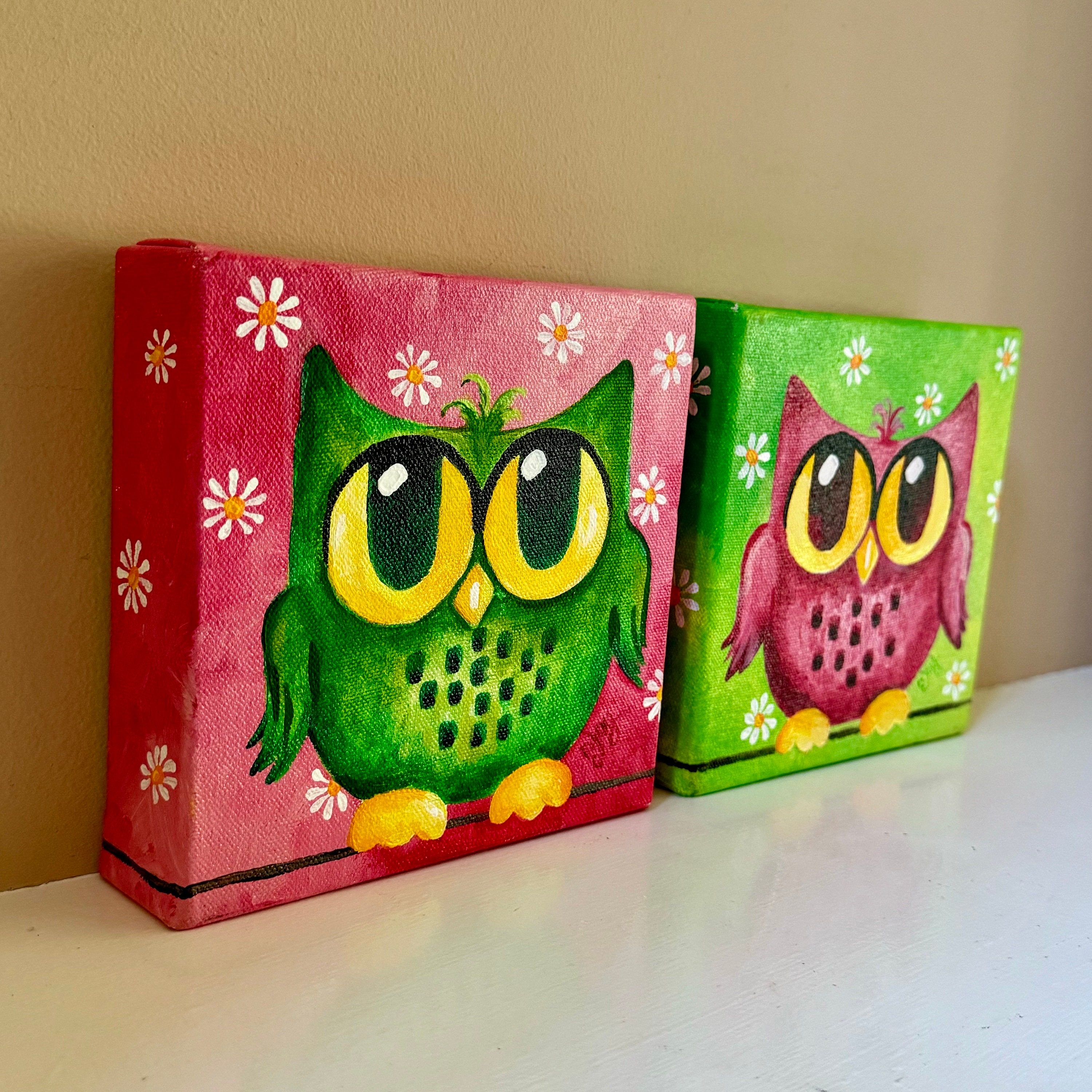 Owl Painting, Pink and Green Owl Pair, set of 2 6x6 acrylic canvas paintings for home, office and ch