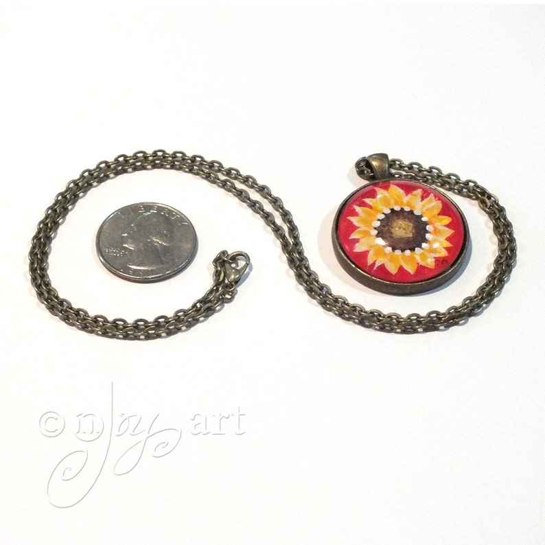 Wearable Art, Sunflower on Red Pendant with necklace, original acrylic painting under glass, mini art, NOT A PRINT image 4