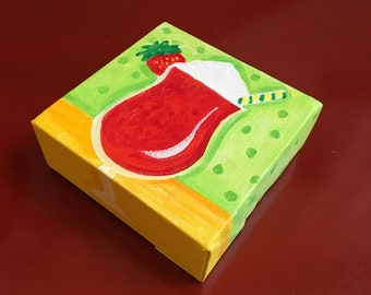 Strawberry Daiquiri Art, canvas happy hour mini painting, 4x4 acrylic