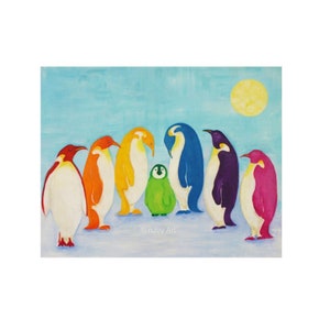 Rainbow Penguins art print, 20x16 inch art print of rainbow colored Penguins image 1