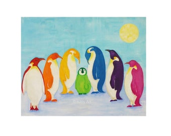 Rainbow Penguins art print, 20x16 inch art print of rainbow colored Penguins