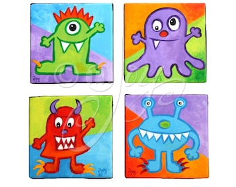 Custom Art for Kids, LITTLE MONSTERS, Four 5x5 acrylic canvases, Kids Room Decor, Playroom Art, Nursery Art