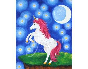 Unicorn Under Starry Night 16"x20" unicorn art print for girls room or baby nursery, fantasty art