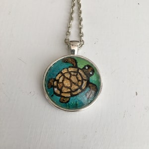 Turtle hand painted pendant with necklace. Wearable Art, original acrylic painting under glass, mini art, NOT A PRINT image 4