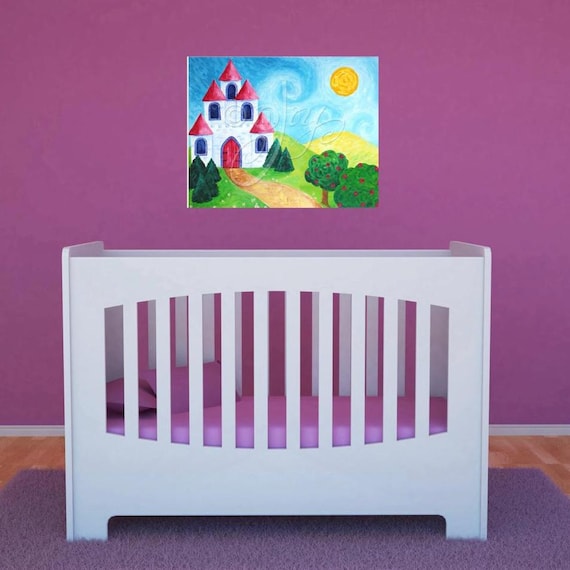 Pink Castle art print for gifls room, 20x16 inch princess themed print for for girls room or baby girl nursery decor