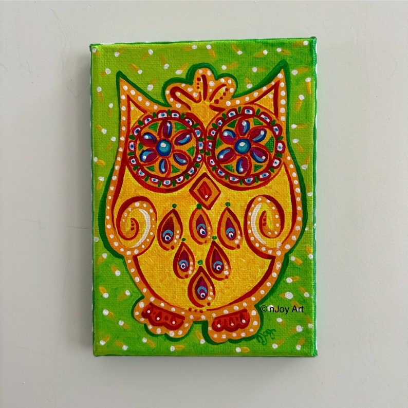 Sugar Skull Owl painting, 5x7 inch small acrylic canvas for home or office. image 3