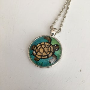 Turtle hand painted pendant with necklace. Wearable Art, original acrylic painting under glass, mini art, NOT A PRINT image 3