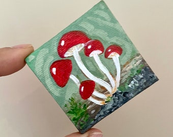 Mushroom Art Magnet, 2 inch mini painting , office & kitchen decor