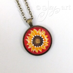 Wearable Art, Sunflower on Red Pendant with necklace, original acrylic painting under glass, mini art, NOT A PRINT image 2