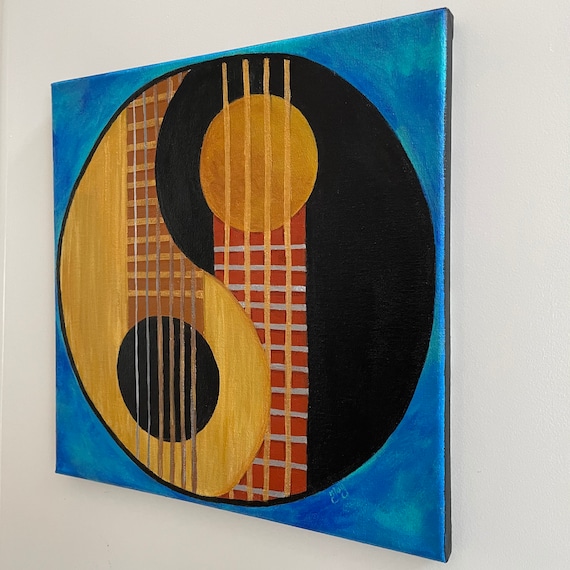 Guitar and Bass Yin Yang Painting, Acrylic 12 Inch Square