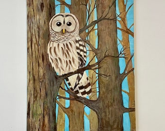 Barred Owl Painting, 16x20 inch acrylic canvas, original bird art