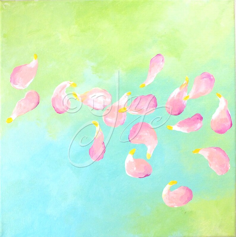 Minimalist flower petal painting, Spring Breeze, Set of Three 12 square paintings, pink blue and green decor, peaceful art image 4