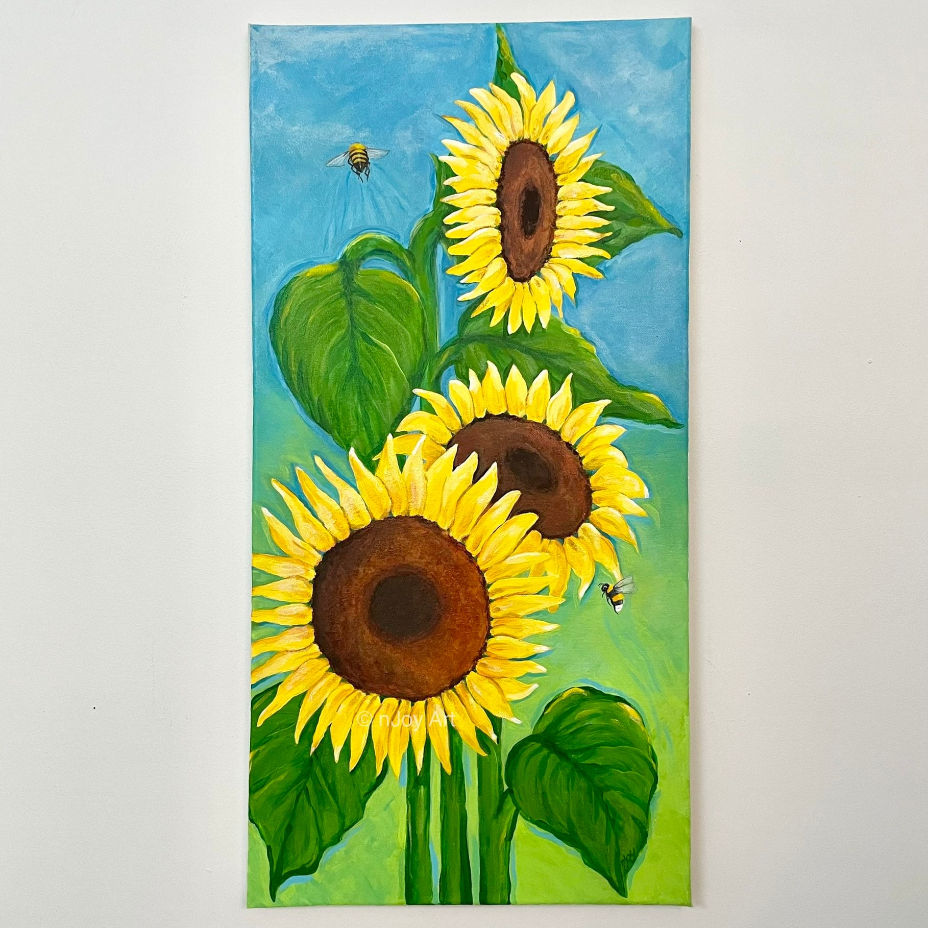 Sunflowers With Bees, 12x24 Inch Original Acrylic Canvas Painting