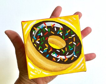 Donut painting, Chocolate Frosted Doughnut Art, 4x4 acrylic minature art