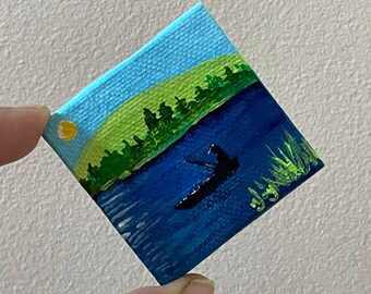 Fishing Lake Life, 2.5" Art Magnet, original mini acrylic painting