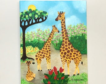 Giraffe Family art, whimsical acrylic giraffe painting, original art for home, office and kids rooms