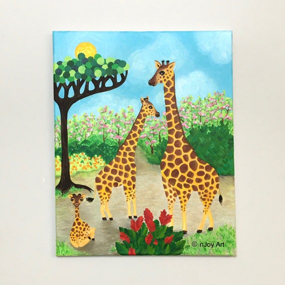 キリンファミリーアート、気まぐれなアクリルキリン絵画、自宅