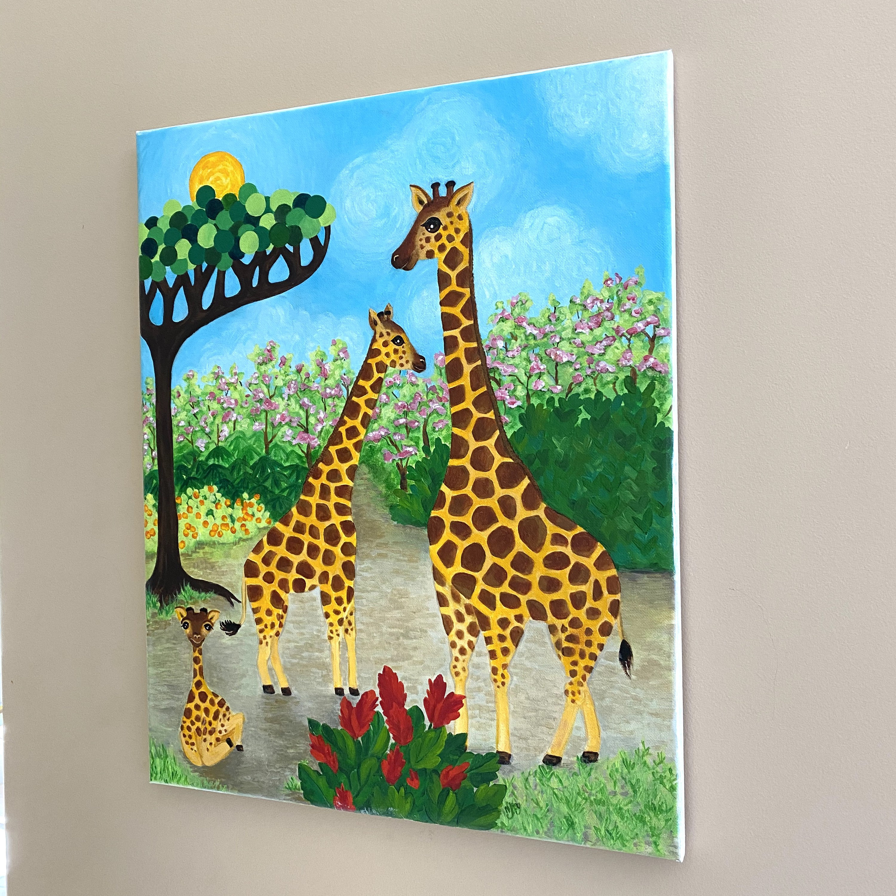 Giraffe Family Art Whimsical Acrylic Giraffe Painting Original