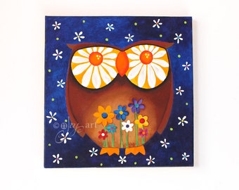 Owl painting, Owl with Daisy Eyes, Owl Wall Art, Nursery Owl Art, Office Art, Owl Themed home decor