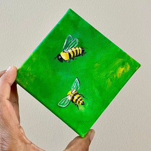 Honey bees on green, 4x4 inch acrylic canvas mini painting of a bee, art for bee lovers image 2