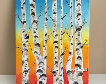 Birch Tree Painting, Birches at Sunset, 11x14 inch acrylic sunset painting, botanical art for Home or Office decor, colorful painting