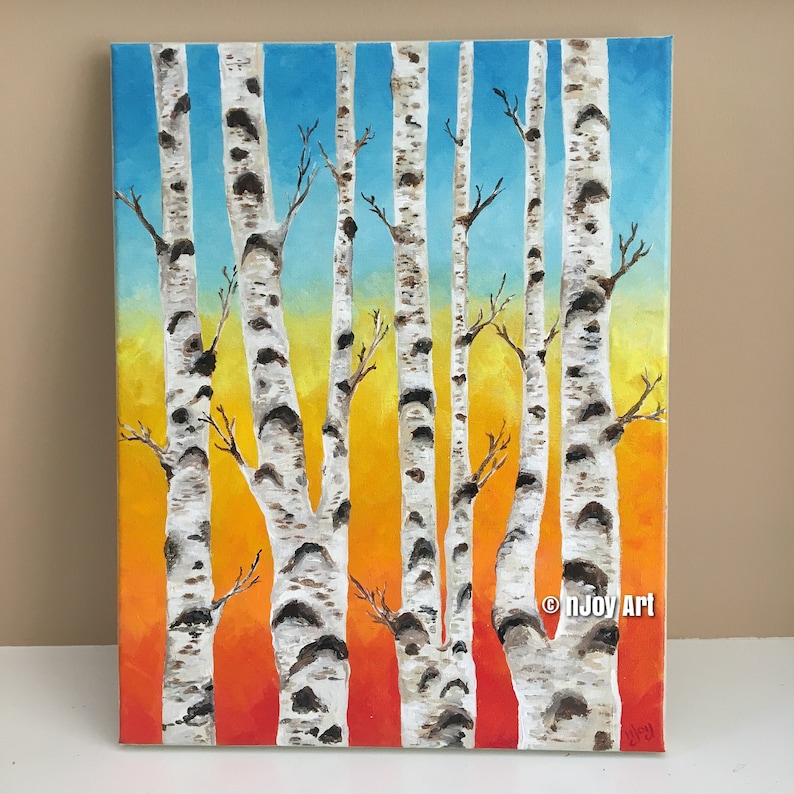 Birch Tree Painting, Birches at Sunset, 11x14 Inch Acrylic Sunset