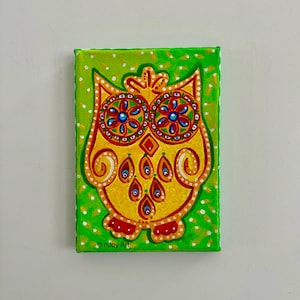 Sugar Skull Owl painting, 5x7 inch small acrylic canvas for home or office. image 4