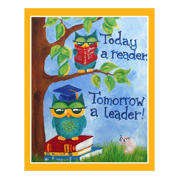 Today A Reader Tomorrow A Leader art print, 16x20 inch owl themed inspirational print for children, classroom or library art print