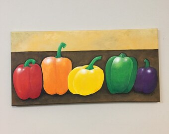 Rainbow Peppers acrylic painting, 20x10 inch gallery wrapped canvas, home decor, kitchen, dining