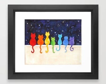 Regenbogenkatzen an einer Wand bei Nacht - 8x10 Druck Wunderliche Regenbogenkatzenkunst