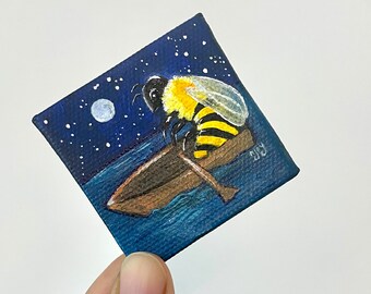 Bee in a Boat art magnet, 2 inch Original Miniature Acrylic Painting, Hand Painted Art Magnet