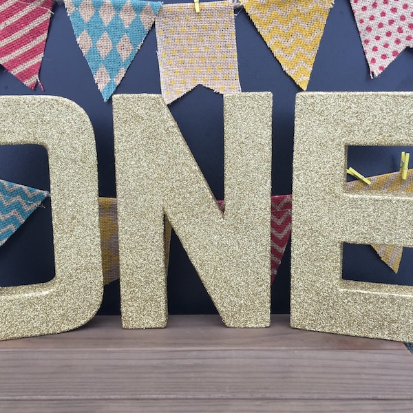 Glittery ONE Lettering for First Birthday, Anniversary or Wedding.  Gold Glitter One