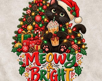 May include: A black cat wearing a red Santa hat holds a coffee cup in front of a decorated Christmas tree with gifts, lights, and holly. The text reads MEOWY & BRIGHT. The design includes a yellow star, red and green ornaments, and pine cones.