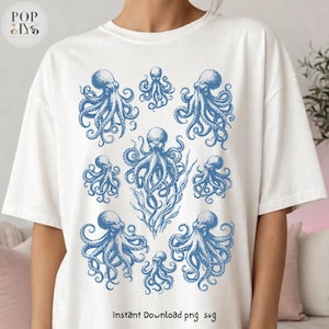 May include: White t-shirt featuring a blue octopus design. The octopus illustration is repeated across the shirt, with varying sizes and orientations. The text "Instant Download png svg" is printed at the bottom of the shirt.