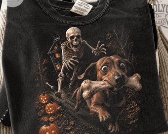 Dachshund with Skeleton Bone Halloween Dog PNG, Spooky Season Doxie Dog Shirt Graphic, Fall Sublimation, Digital Download