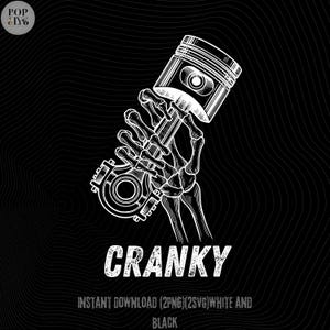 Könnte beinhalten: Eine weiße Strichzeichnung auf schwarzem Hintergrund zeigt eine Skeletthand, die einen Kolben hält. Das Wort "CRANKY" steht in fetten weißen Buchstaben darunter. Das Bild enthält den Text "INSTANT DOWNLOAD (2PNG)(2SVG)WHITE AND BLACK".