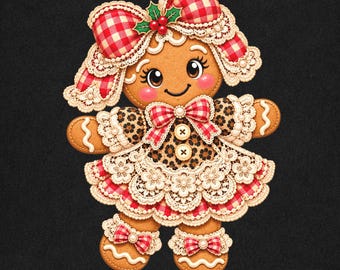 May include: A gingerbread character illustration featuring a red and white gingham bow, a leopard print dress with white lace trim, and two buttons. The character has pink cheeks, brown eyes, and a holly sprig accent. Text at the bottom reads PNG 300DPI.