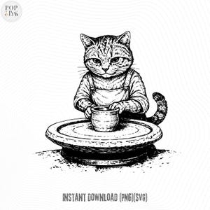 Puede incluir: Ilustración en blanco y negro de un gato trabajando en un torno de alfarero. El gato, con un mono, está concentrado en dar forma a una pequeña olla. La imagen tiene un estilo dibujado a mano, con el texto "INSTANT DOWNLOAD (PNG)(SVG)" en la parte inferior.