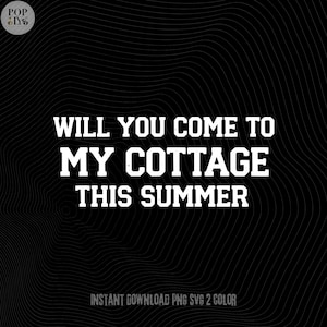 Może przedstawiać: Czarna grafika z białym tekstem „WILL YOU COME TO MY COTTAGE THIS SUMMER”. Słowa są ułożone jeden na drugim. Tło ma topograficzny wzór. Logo znajduje się w lewym górnym rogu.