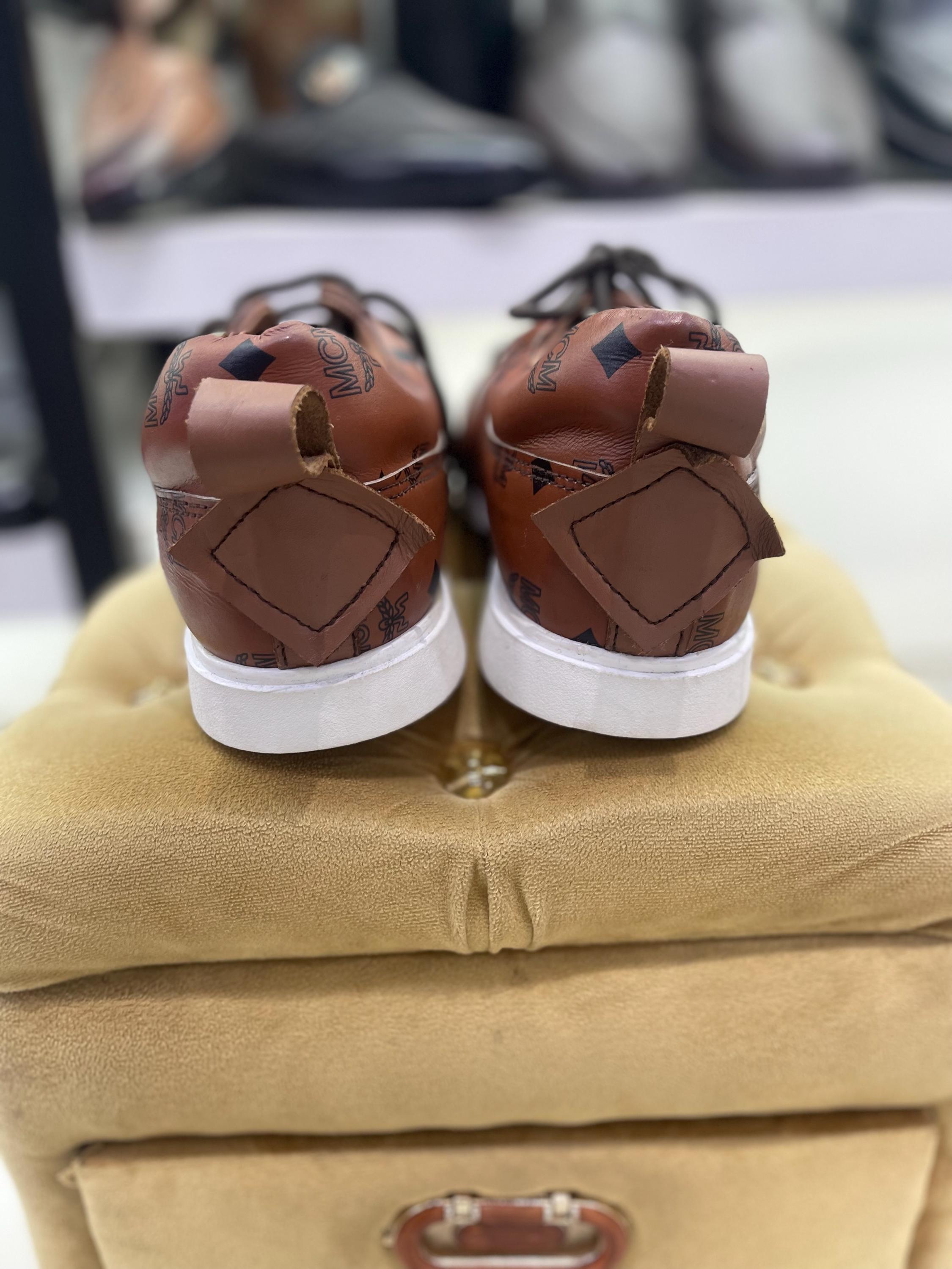 MCM Cognac Brown Monogram Leather High-Top Sneakers with Black Laces MCM Sneakers 9.5 (42.5) | Mercari main image 2