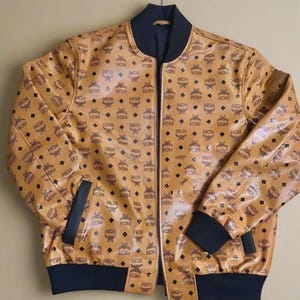 MCM Style Monogram Bomber Jacket Luxury-Inspired Tan Leather Jacket Unisex Streetwear Fashion
