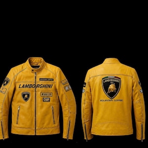 Peut inclure: Une veste en cuir jaune arborant le logo Lamborghini et la marque Squadra Corse sur le devant et le dos. L'avant présente des écussons Pirelli, OMP et Hublot, tandis que le dos affiche un grand emblème en forme de bouclier Lamborghini aux couleurs italiennes.