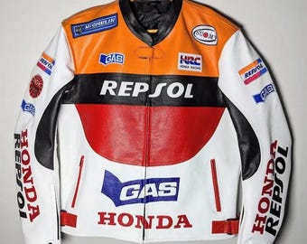 Honda Racing Biker Leather Jacket Honda Racing Repsol Motorbike Style  Classic Cafe Racer Gear*