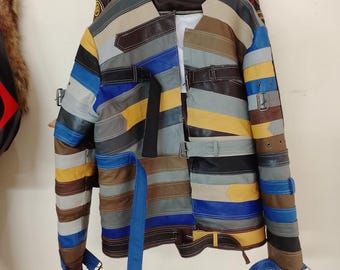 Handcrafted Patchwork Leather Jacket – Unique Multi-Tone Design, Unisex Fashion Statement Mens Patches Leather Jackets
