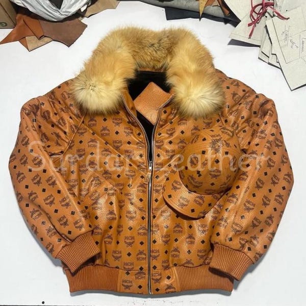 MCM Monogram Leather Jacket & Hat Set: Faux Shearling Collar, Unisex Streetwear